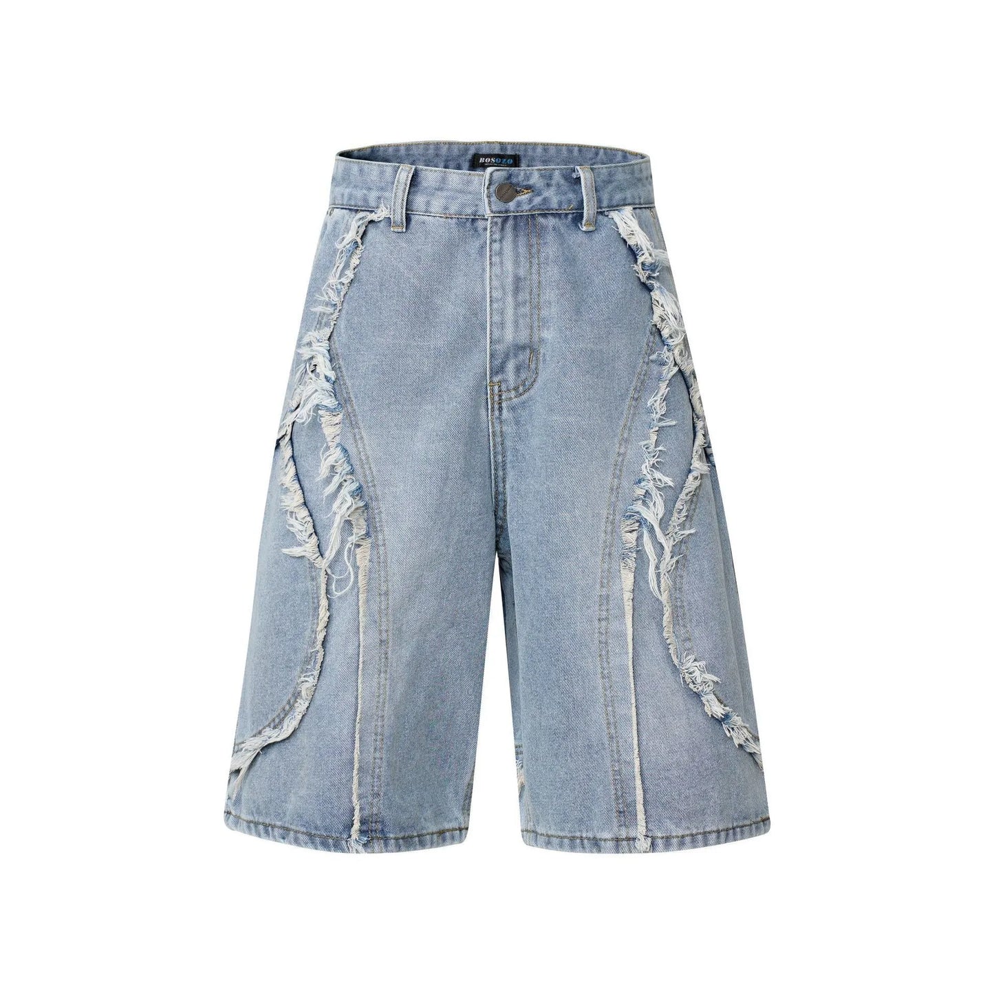 American Pu Shuai distressed denim shorts with raw-edge hem in light blue, shown on a model.