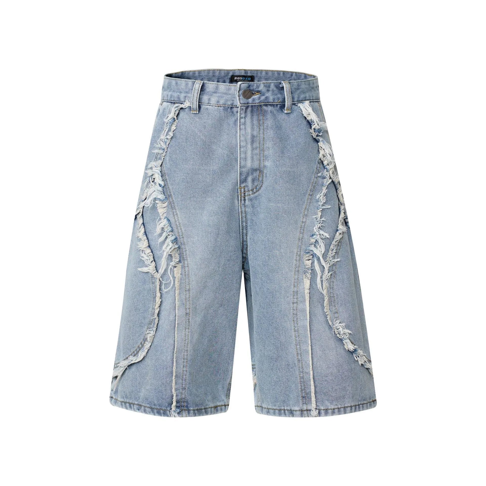 American Pu Shuai distressed denim shorts with raw-edge hem in light blue, shown on a model.