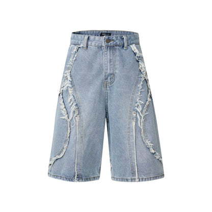 Men's distressed light blue denim shorts with raw edge hem and straight-leg cropped fit on a grey background.