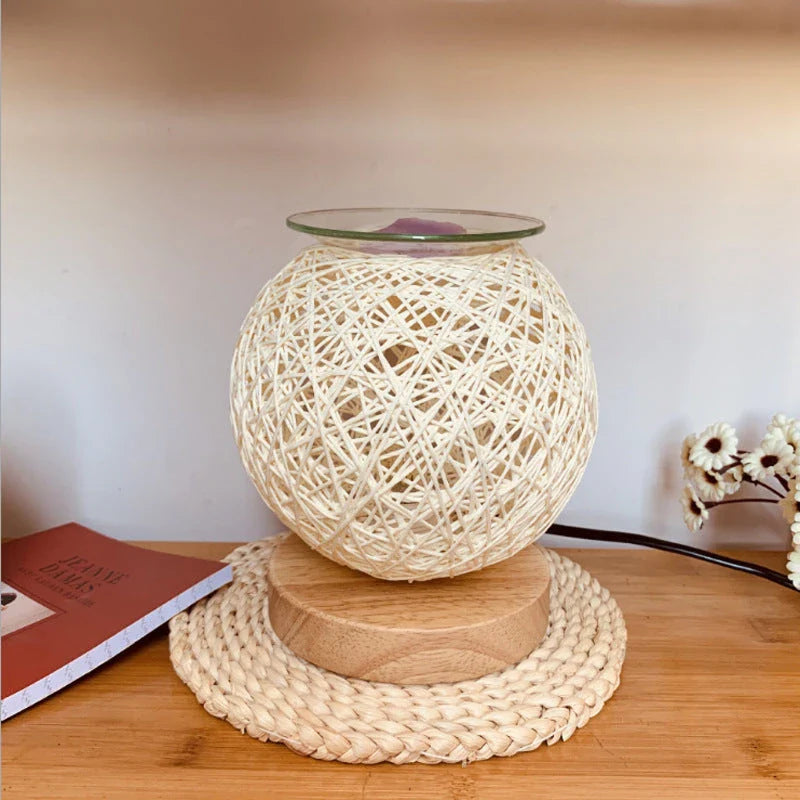 Elegant bamboo wood wax melt warmer with dimming night light feature, available in beige, blue, and pink colours