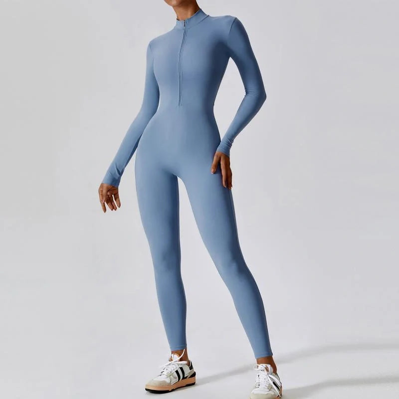 Seamless women's yoga jumpsuit with zipper for fitness and casual wear in various colors
