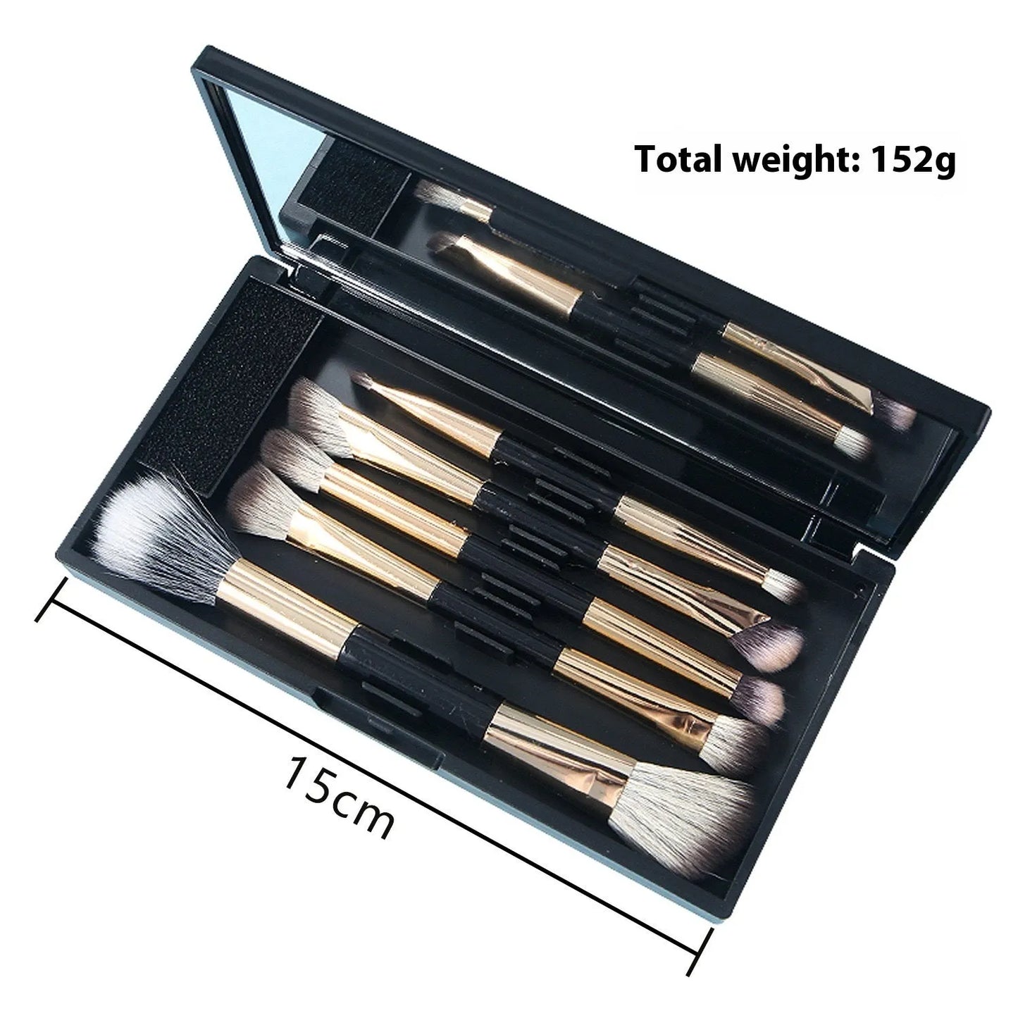 Portable makeup brush set with mirror showing artificial fibre brushes with silver handles