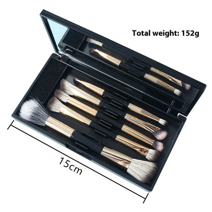 Portable makeup brush set with mirror showing artificial fibre brushes with silver handles