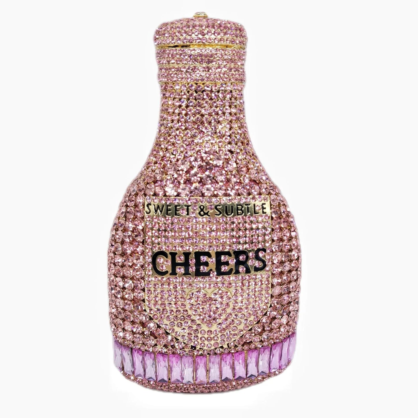 Gold hard-shell clutch bag shaped like a champagne bottle with a synthetic leather interior.