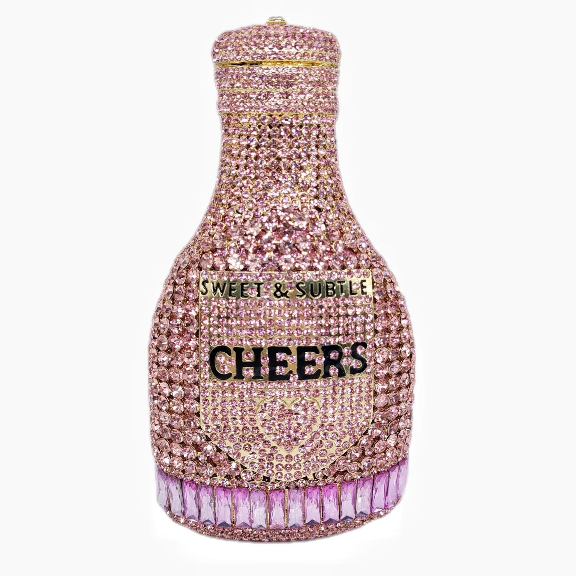 Gold hard-shell clutch bag shaped like a champagne bottle with a synthetic leather interior.