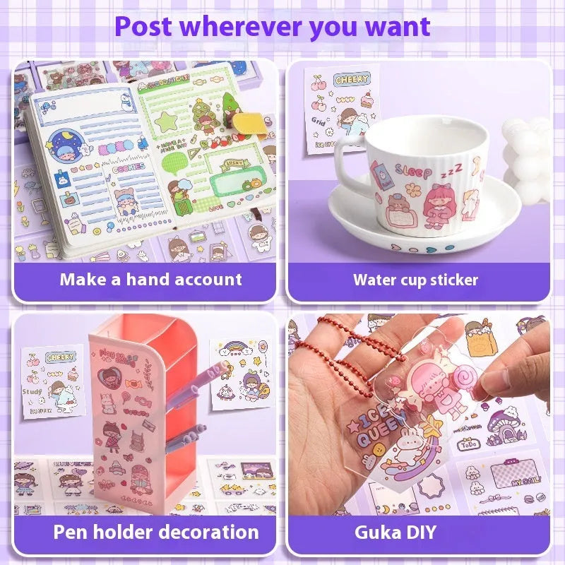 Sticker Goo card notebook with children's stickers in five cute designs including cute meatballs, peach tea party, star team, Nini sweet diary, and Nini happy everyday themes, printed card stock for kids craft activities and scrapbooking