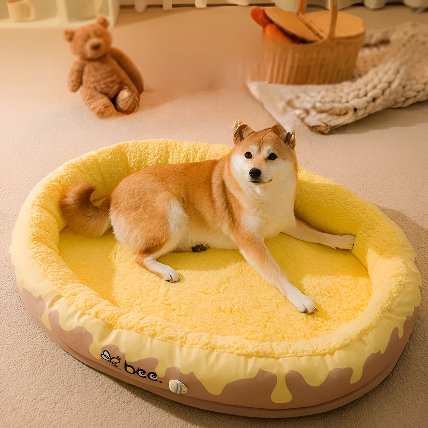 Grey washable dog bed with a detachable cover shown next to a yellow one, sized for a small to medium dog.