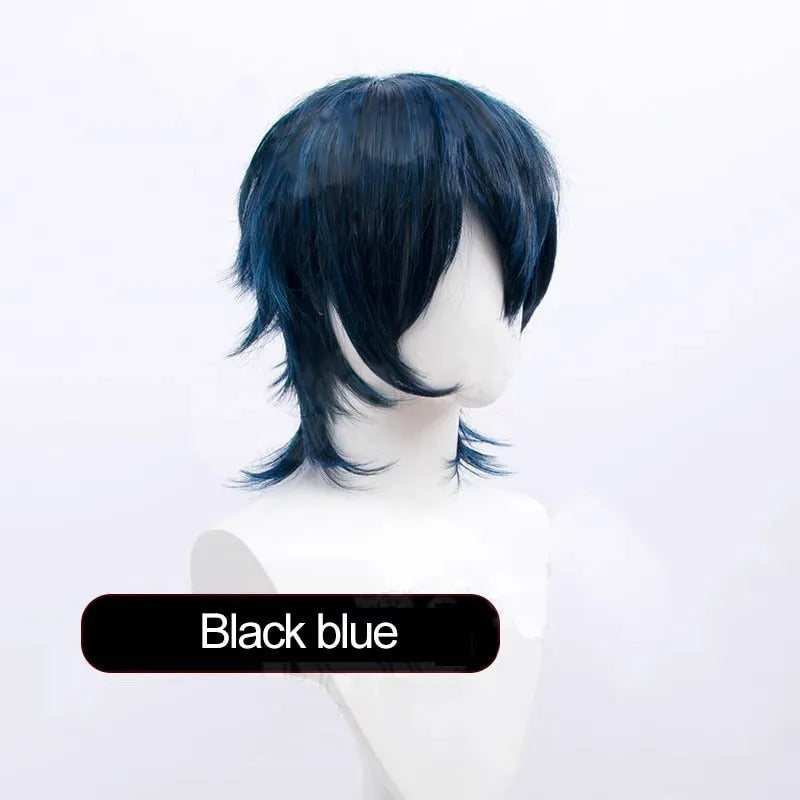 Short-length anime cosplay wig in high-temperature fibre on a stand.