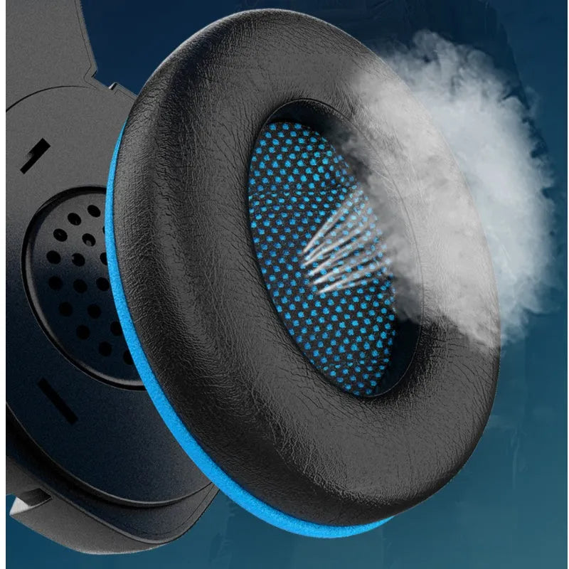 J10 3.5mm wired gaming headset with mic, LED lights, soft PU earmuffs, and blue or red colour options