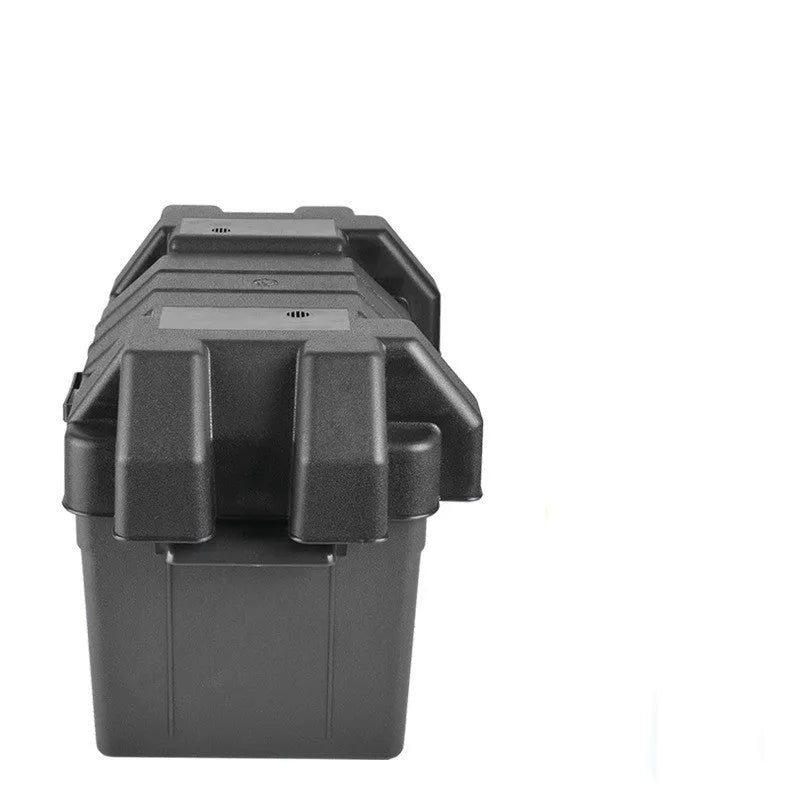 Black PP plastic battery storage box with securing strap, available in large and small size options