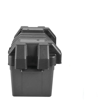 Black PP plastic battery storage box with securing strap, available in large and small size options