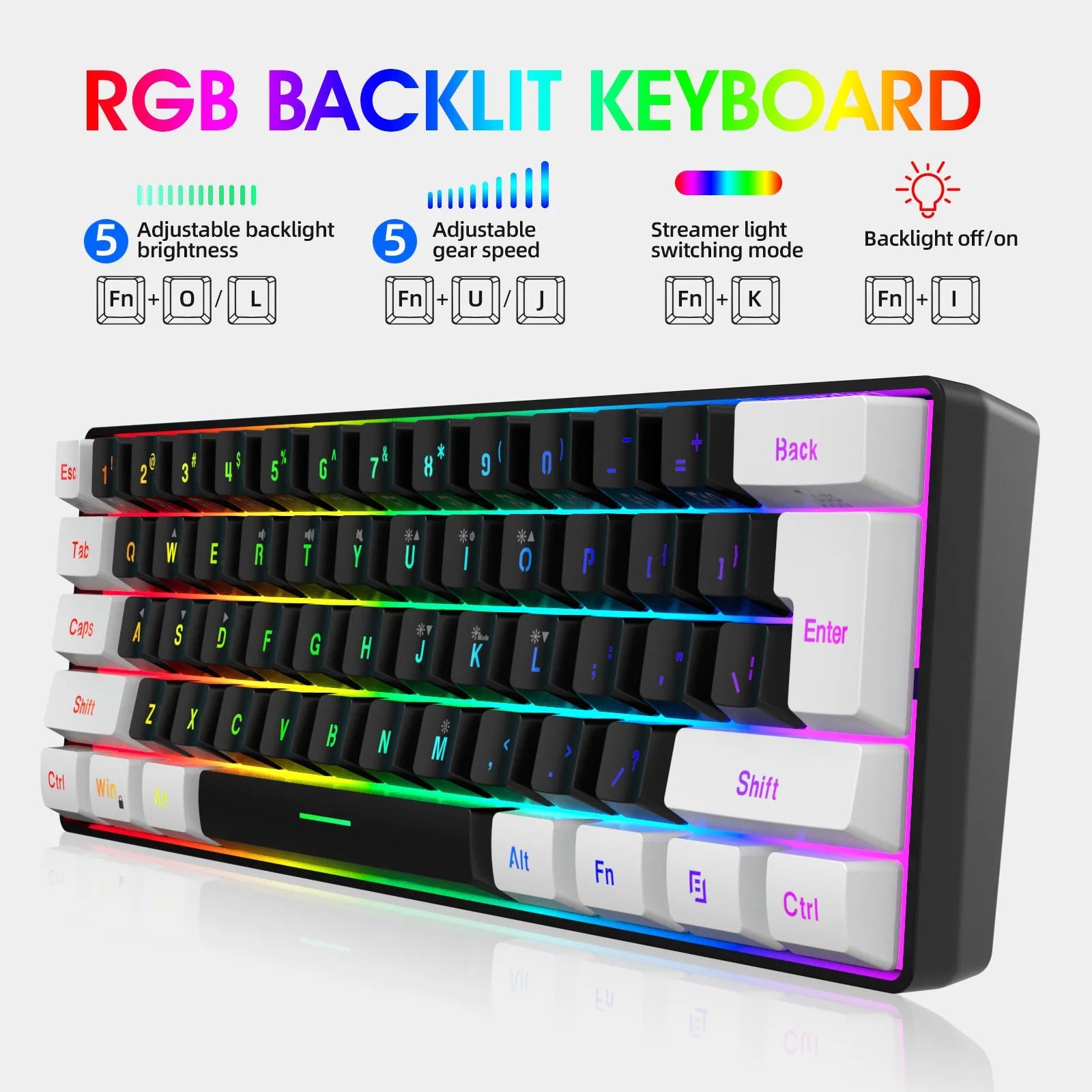 61-key wired membrane keyboard in white and black colour scheme with compact design