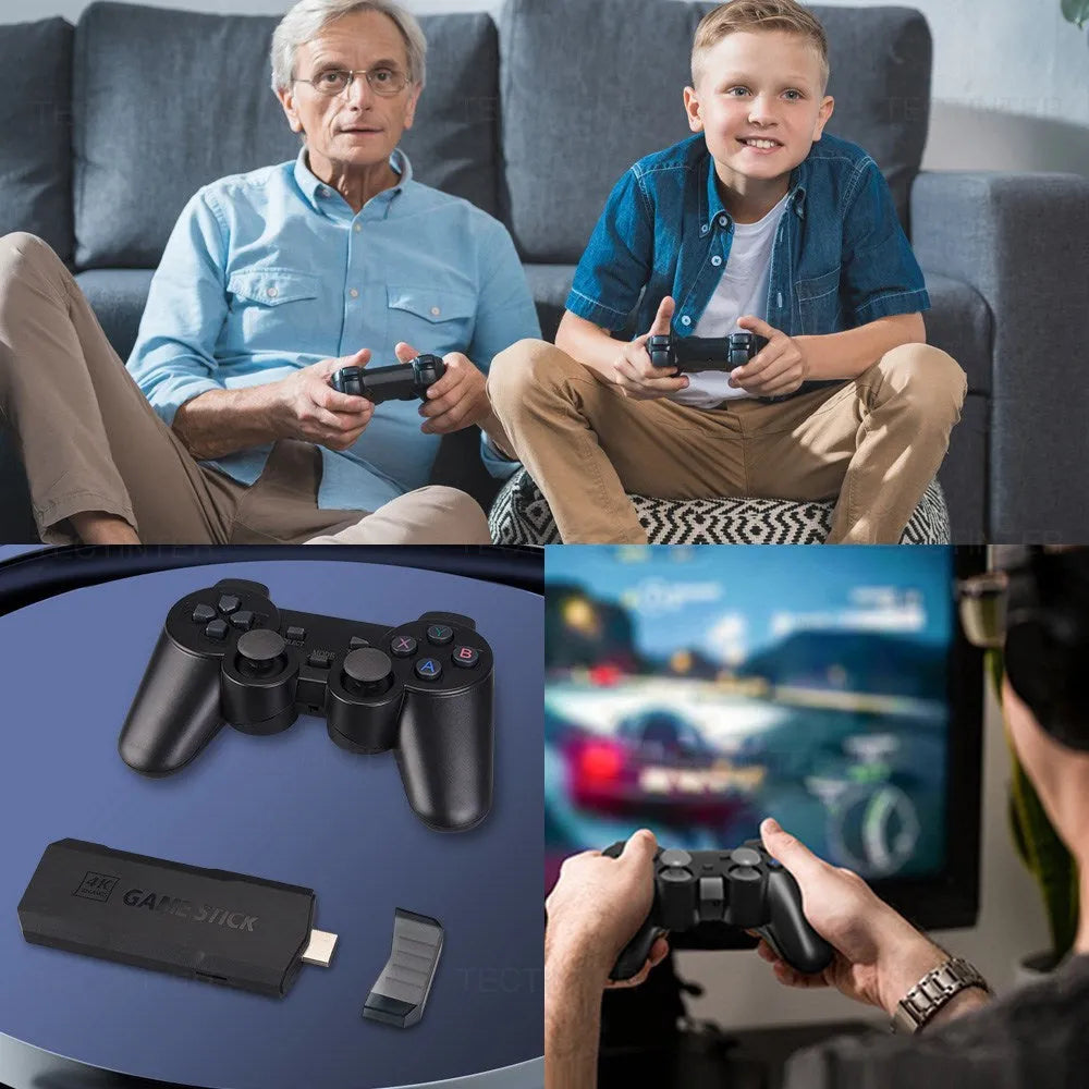 HD home TV game console with wireless handle on a black background, showing HDMI port and compact size.