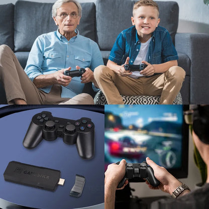 HD home TV game console with wireless handle on a black background, showing HDMI port and compact size.