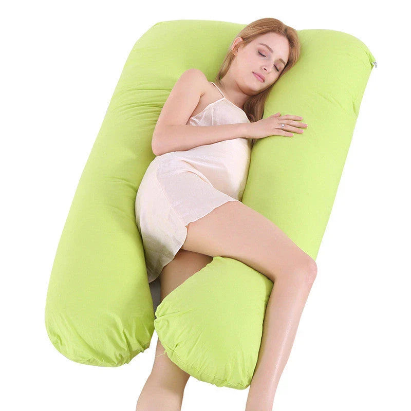 Premium U-shaped pregnancy pillow with pure cotton exterior and polyester fiber filling, designed to provide soothing support and refreshing coolness for expectant mothers.