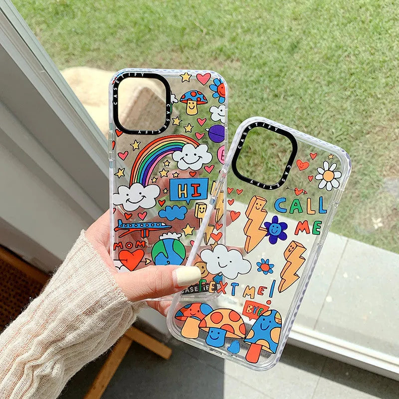 Graffiti TPU iPhone case in high transparency Lightning Mushroom and Lightning Rainbow, back cover with letters and geometry