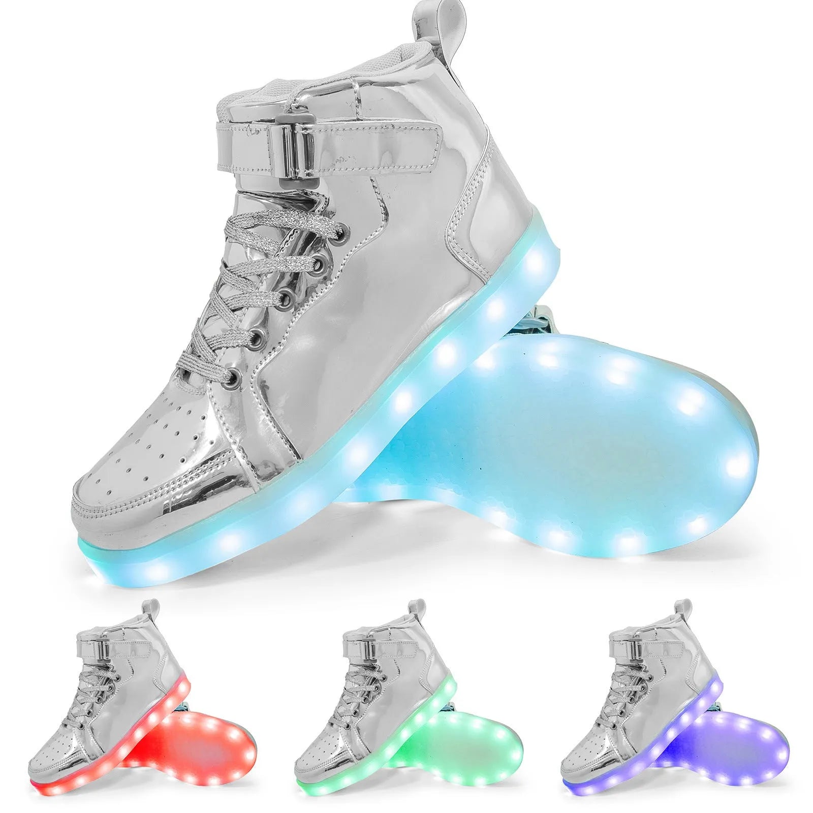 LED light-up high-top board shoes with velcro fastening in black, gold and white colours