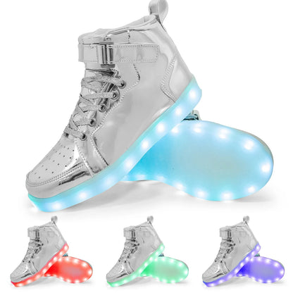 LED light-up high-top board shoes with velcro fastening in black, gold and white colours