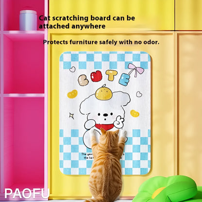 Vertical cat scratch board with cartoon fleece design mounted on wall for dogs and cats