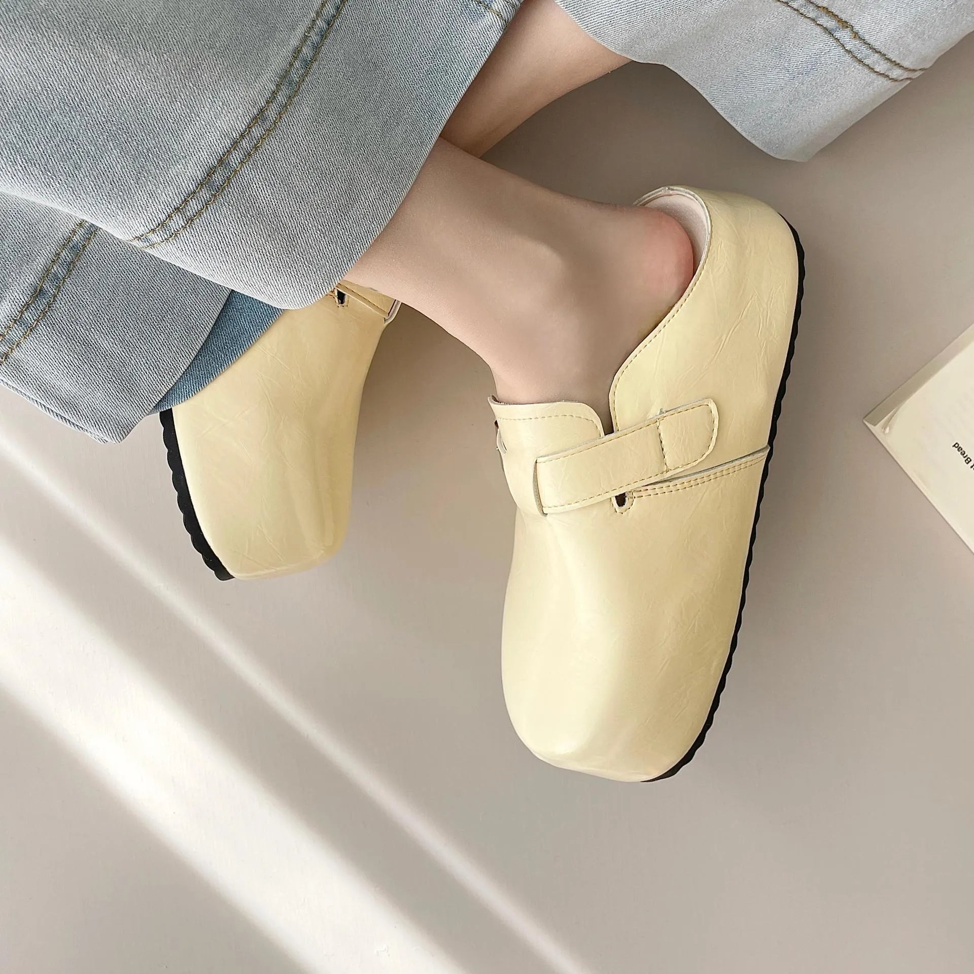 Flat buckle casual sneakers in yellow with round toe and PU upper