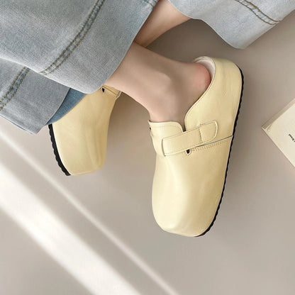 Flat buckle casual sneakers in yellow with round toe and PU upper