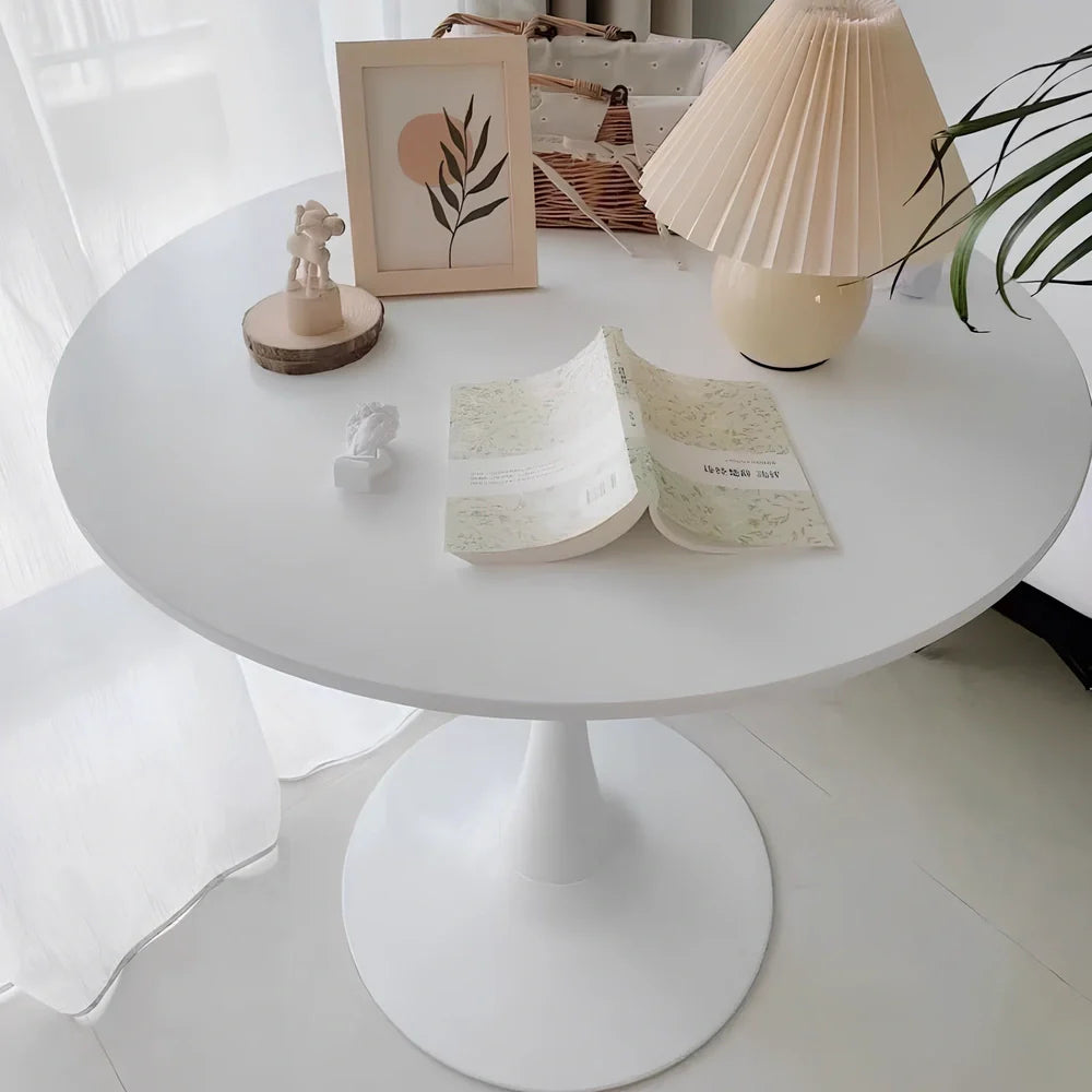 Scandinavian style conference table with folding chairs in white finish, 60cm diameter