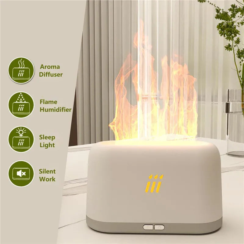 Black ultrasonic flame aroma diffuser humidifier with LED lights on a wooden table