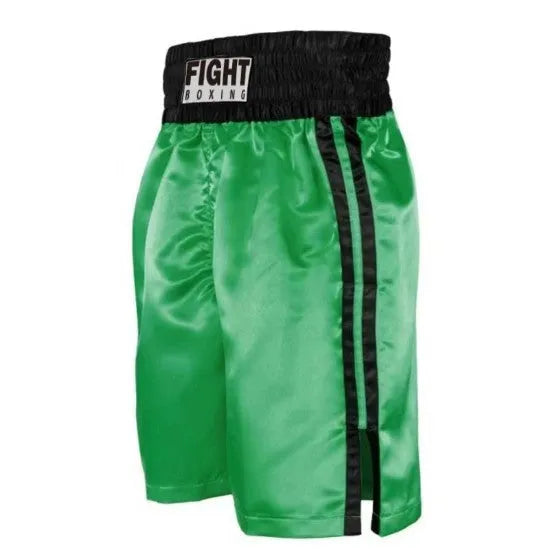 Men's boxing shorts in black and white with side stripe, laid flat showing design.