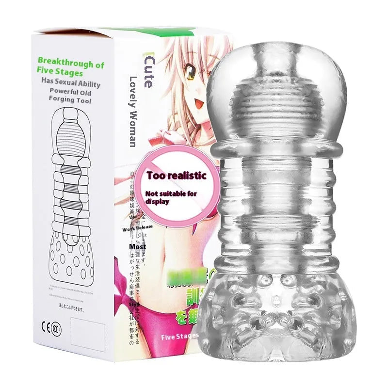 Transparent TPE male enhancement exerciser with turtle head design and seven vibration settings