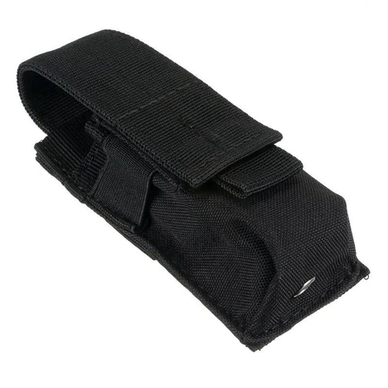 Black tactical MOLLE waist pouch with elastic cord closure, shown mounted on a belt next to a pistol magazine.
