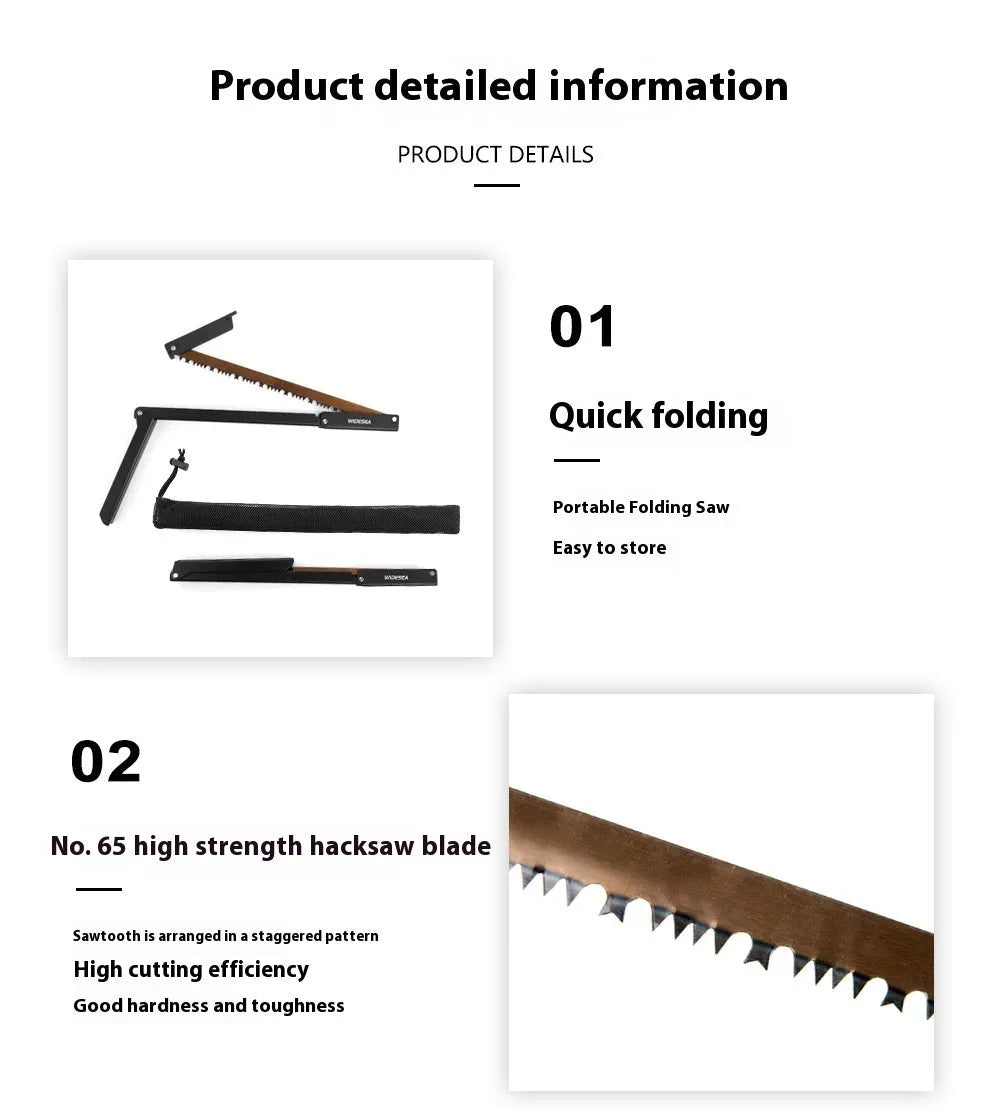 Black foldable outdoor saw with aluminium frame and PA66 nylon handle in open position.