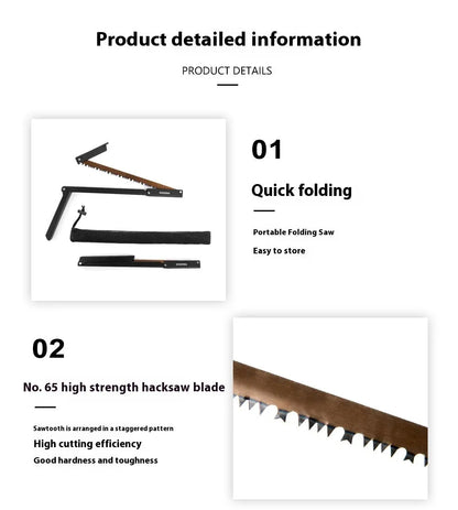 Black foldable outdoor saw with aluminium frame and PA66 nylon handle in open position.