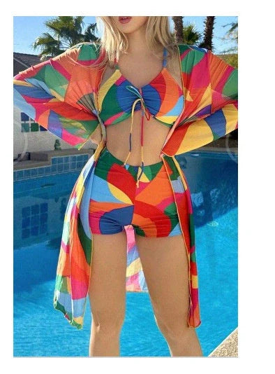 3-piece Pring bikini set with long sleeve cardigan in floral pattern