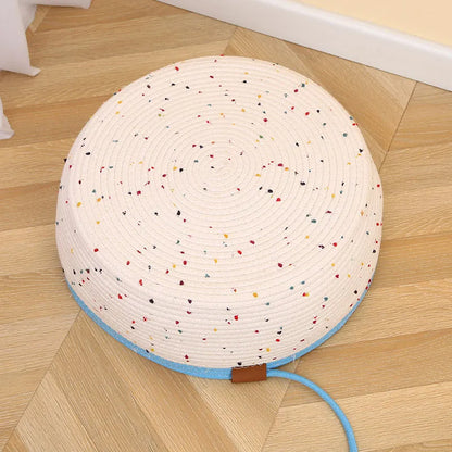 Cotton and hemp rope cat nest mat pet bed, shown in small, medium, and large size options.