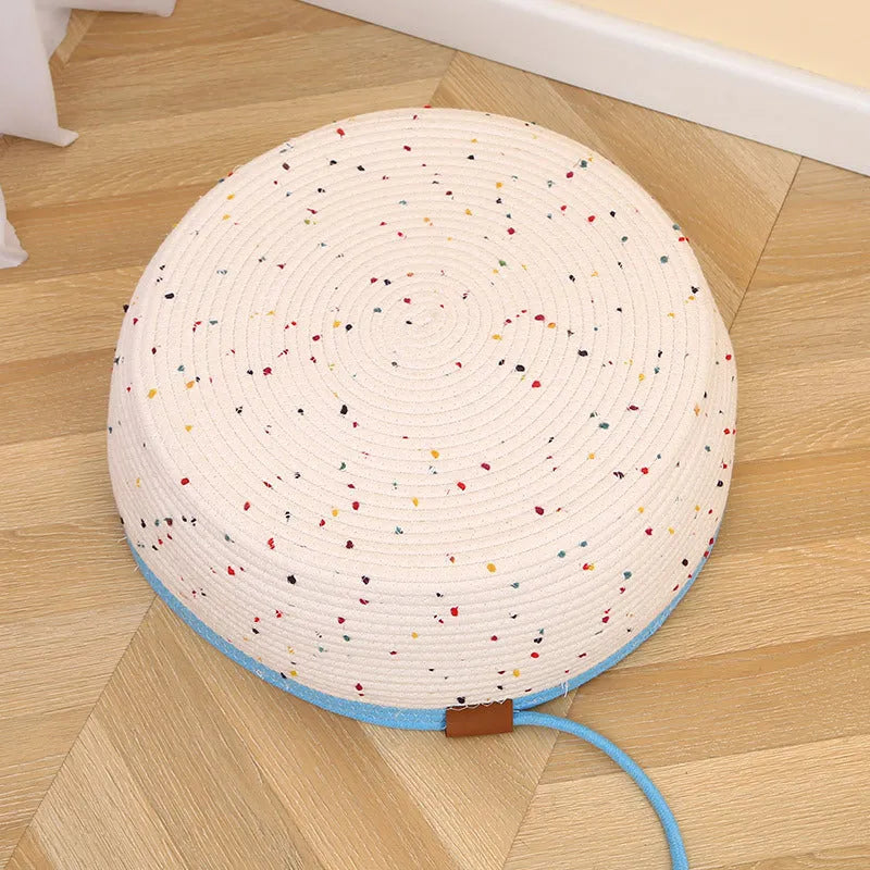 Cotton and Hemp Rope Cat Nest Mat Pet Bed provides a sturdy and breathable sleeping spot with a choice of sizes: small, medium, or large. This pet bed is suitable for cats and includes the option to order with an integrated toy ball or without.