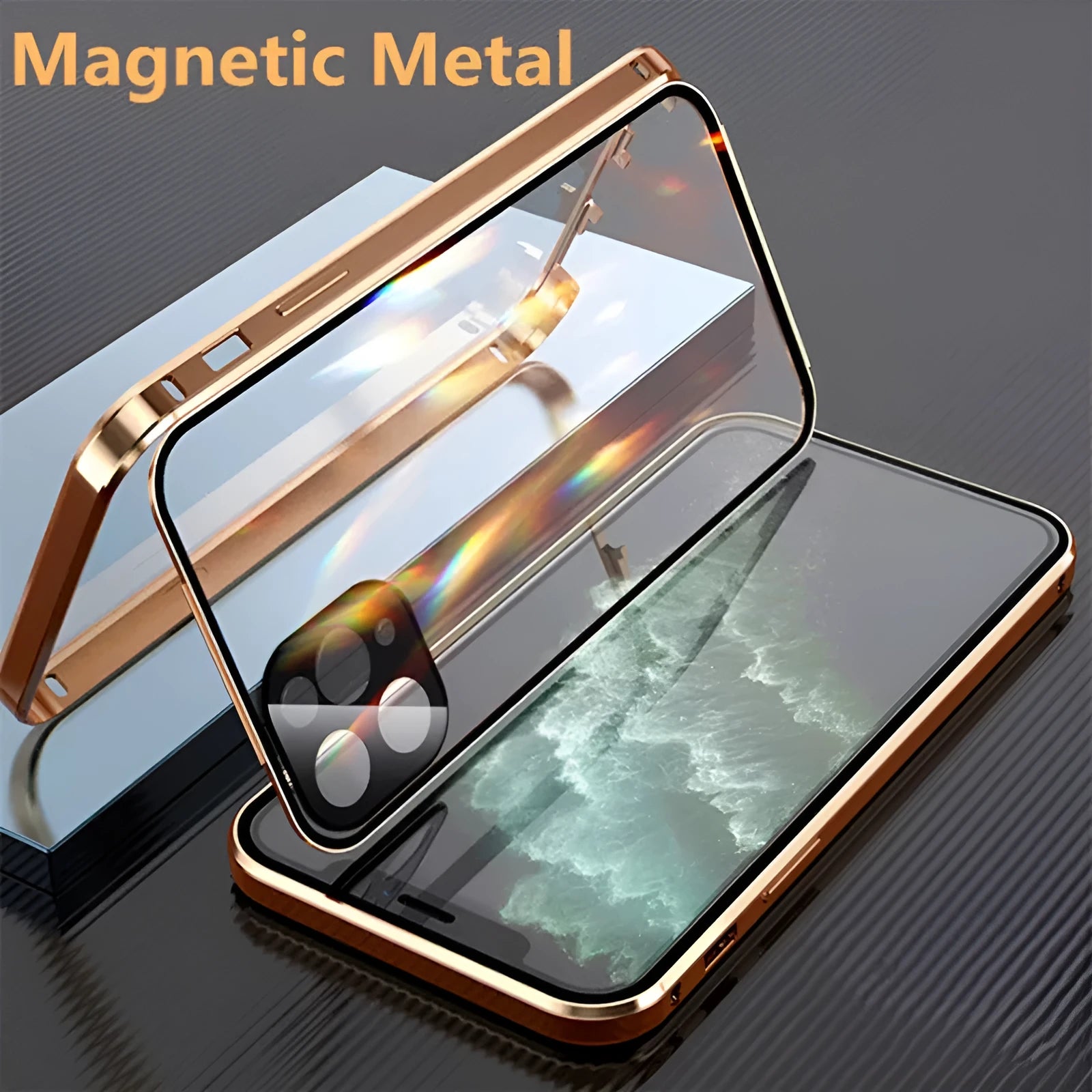 Black magnetic bumper phone case with metal frame and tempered glass for iPhone, showing camera lens cover.