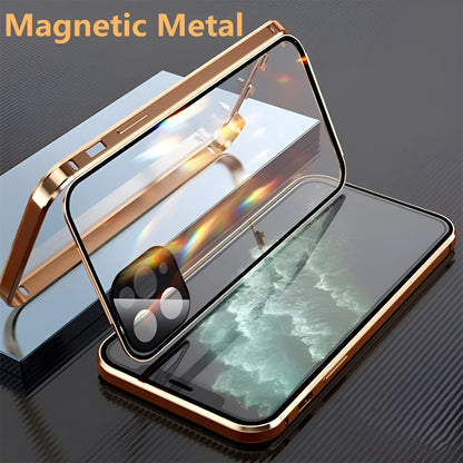 Black magnetic bumper phone case with metal frame and tempered glass for iPhone, showing camera lens cover.