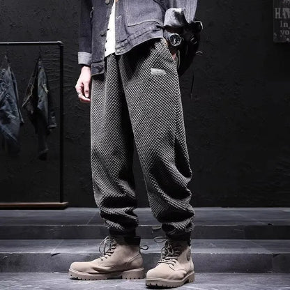 Men's grey ankle-tied sweatpants with straight leg cut and non-ironing fabric