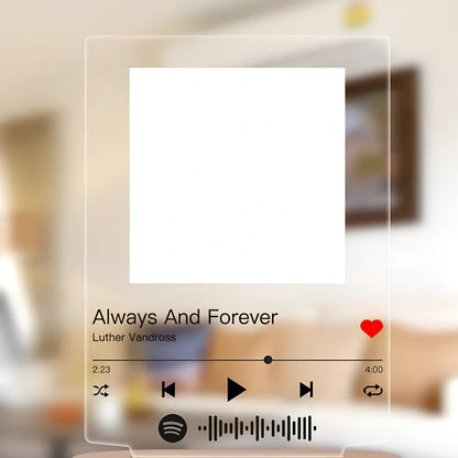 Custom acrylic night light with engraved photo and song lyrics, 22cm wide with LED base