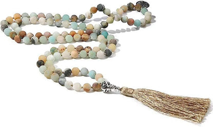 Handmade long stone beaded necklace with 108 8mm beads in a choice of 12 natural colours.