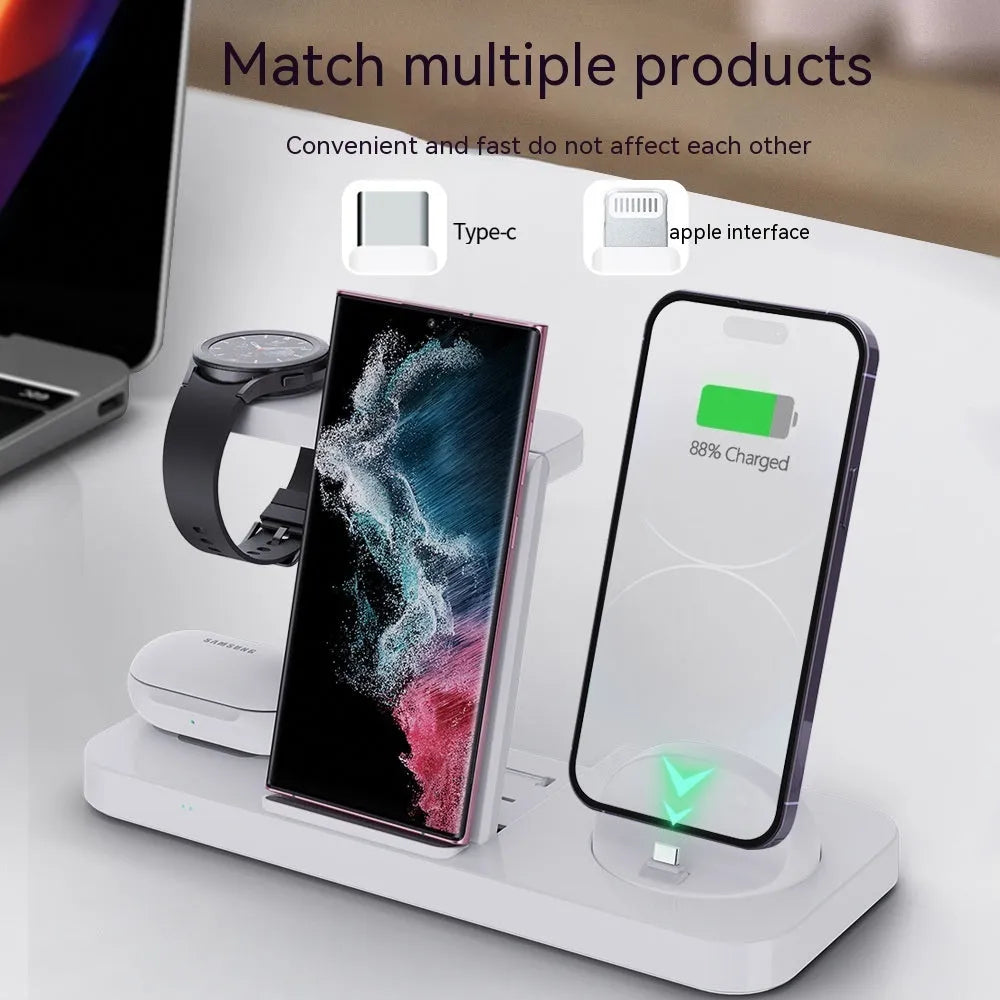 B-21 wireless charging station for mobile phone, smartwatch and headphones in black and white colour options.
