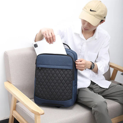Men's Oxford cloth travel backpack with curved shoulder straps and diamond mesh panels in black colour