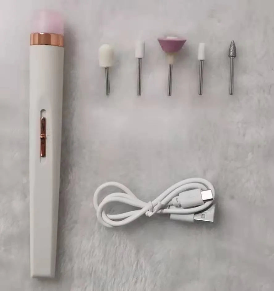 Cordless electric nail drill polisher set with USB charging cable and five grinding heads in white, red, pink colours