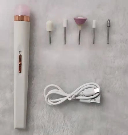 Cordless electric nail drill polisher set with USB charging cable and five grinding heads in white, red, pink colours