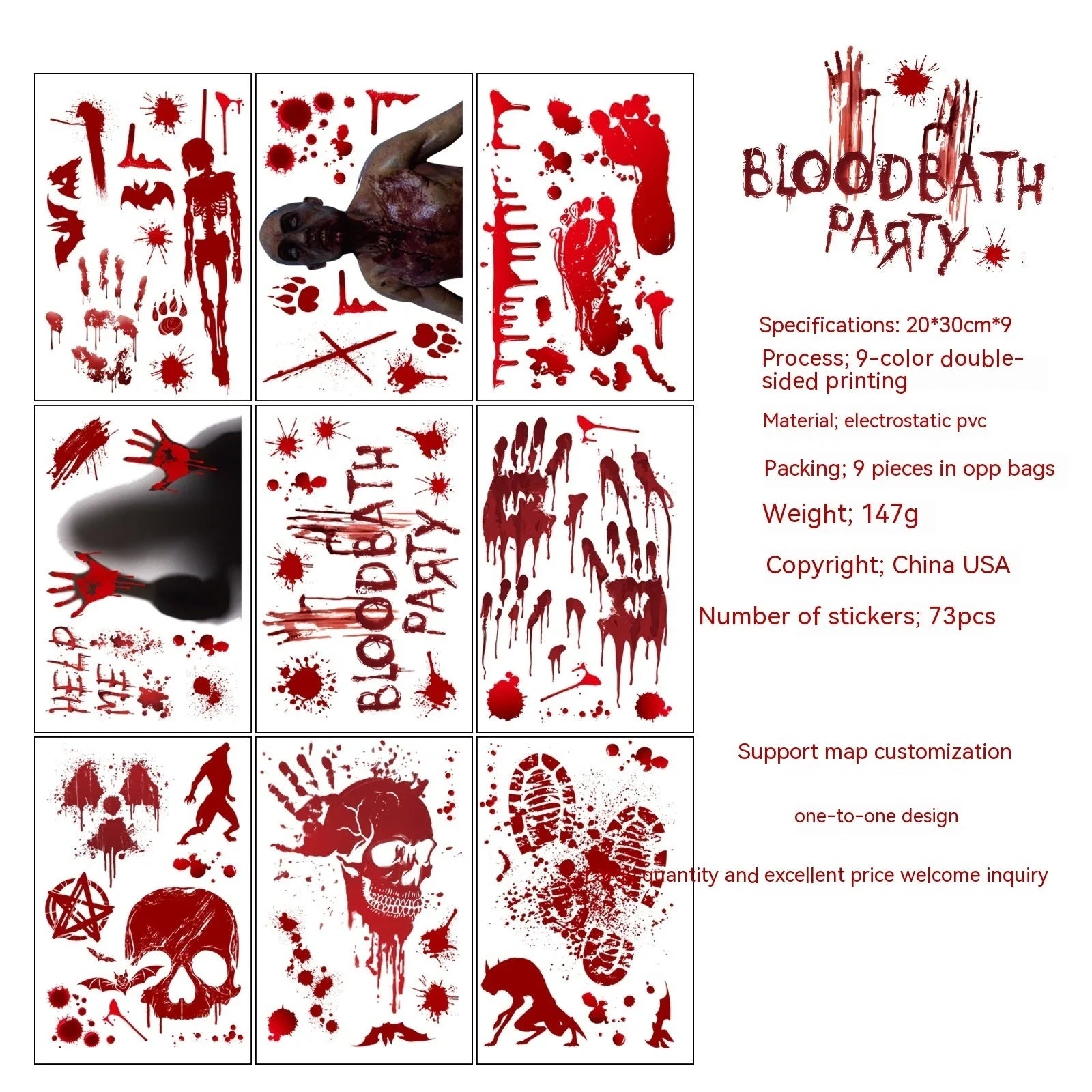 Halloween window stickers set of 9 bloody handprint and footprint decals