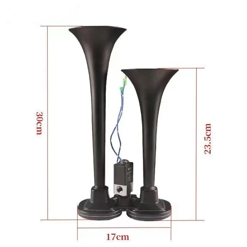 Black 12V and 24V 300DB dual trumpet air horn kit with compressor and speaker for universal vehicle mounting