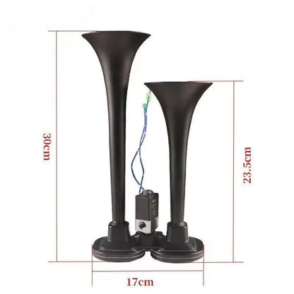 Black 12V and 24V 300DB dual trumpet air horn kit with compressor and speaker for universal vehicle mounting