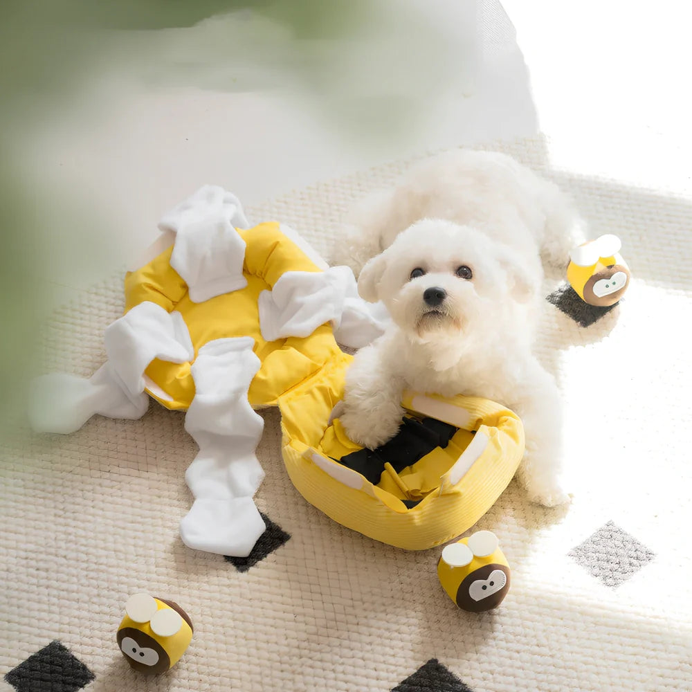 Honey pattern dog food puzzle toy with eight compartments for treat hiding and mental stimulation