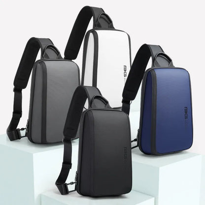 Blue chest bag for men with double connector shoulder straps and soft handle, made from Oxford cloth