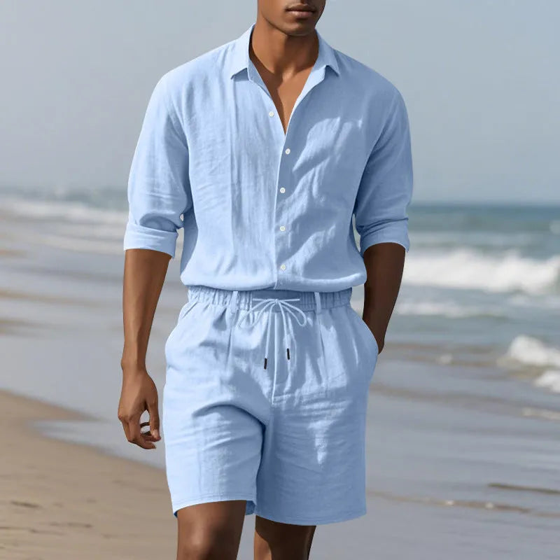 Linen long sleeve shirt and shorts casual suit set shown in available colours: white, black, khaki, light blue, gray.